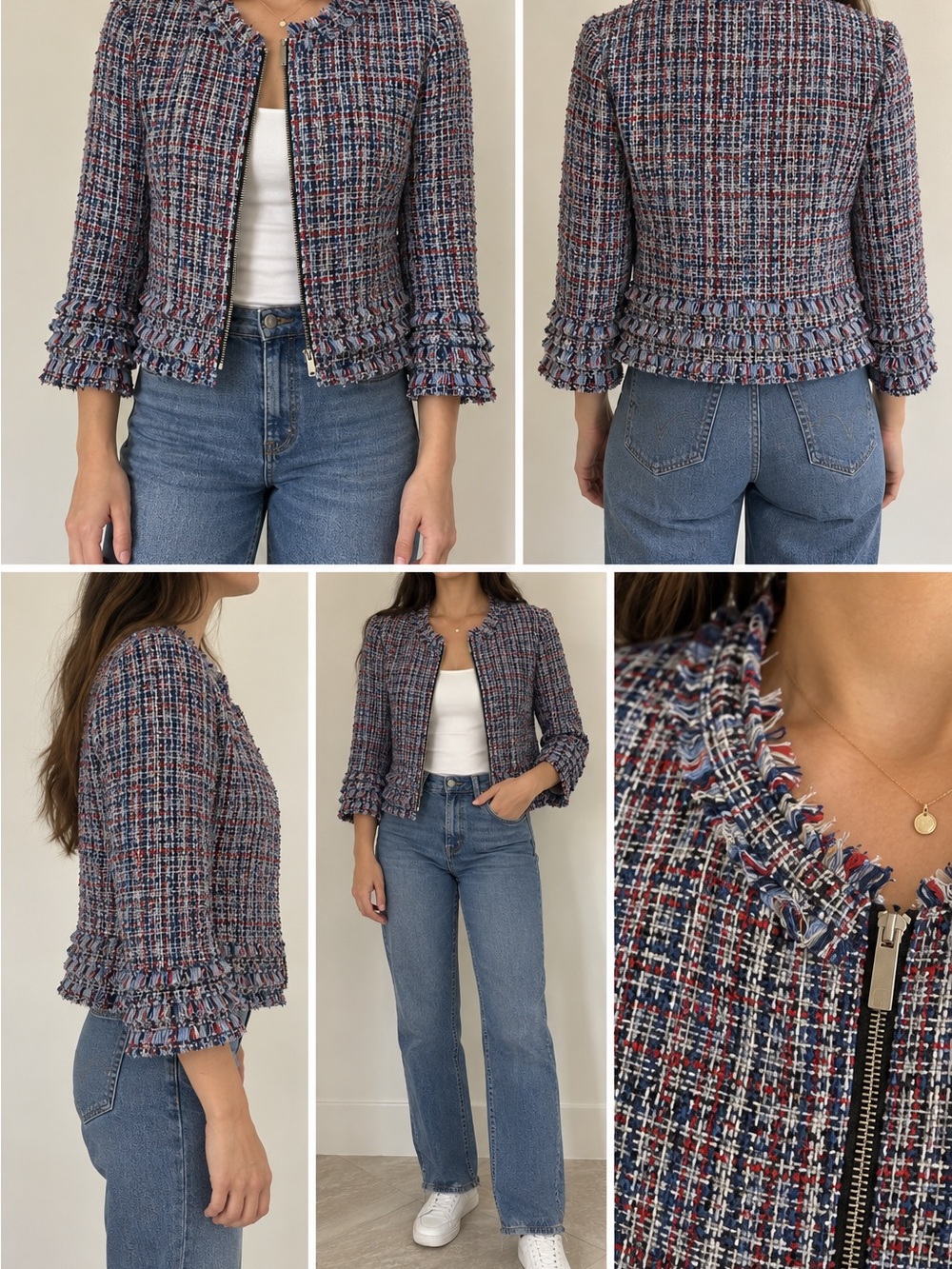 TED BAKER LONDON Womens Multicolor Fringe Tweed Jacket, 3/4 sleeve, Sz 1 (US 4)